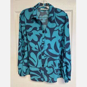 Belle Kim Gravel Modern Abstract Button-Front Blouse-Iced Turquoise-4X-A620785